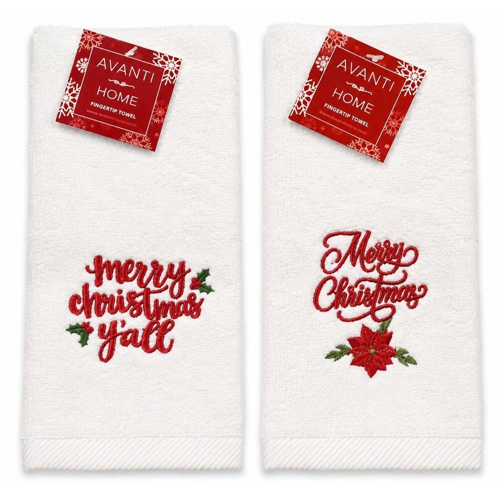 Avanti Merry Christmas Fingertip Towels Set of 2 Embroidered Poinsettia Guest